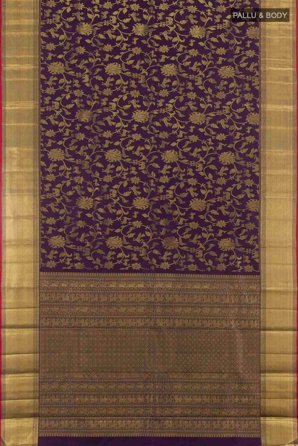 Flat view of Pure Silk Pure Zari Purple Kanchipuram Saree with Zari Brocade on the body and Zari Border