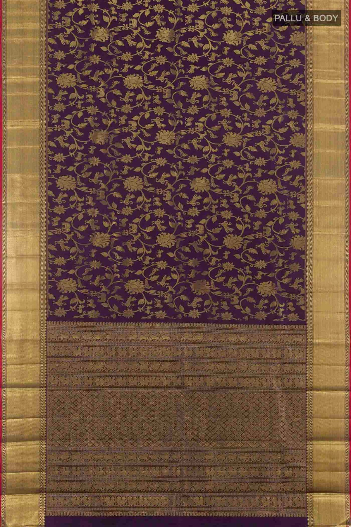 Flat view of Pure Silk Pure Zari Purple Kanchipuram Saree with Zari Brocade on the body and Zari Border