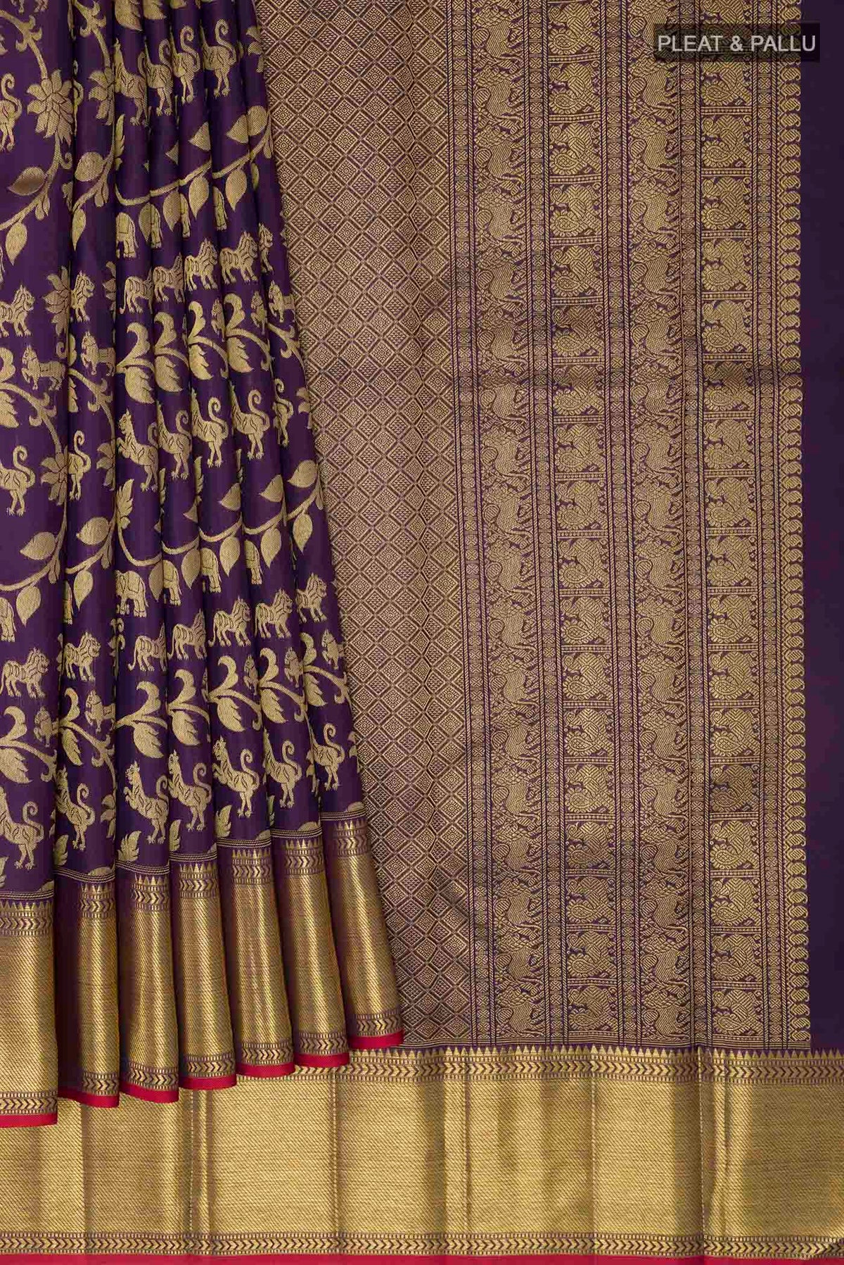 Pleats and pallu of Pure Silk Pure Zari Purple Kanchipuram Saree with Zari Brocade on the body and Zari Border
