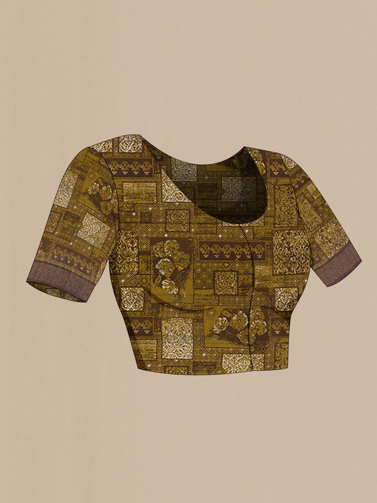 Close up image of the blouse of Yellow Tussar Saree with Printed design on the body and Zari Border. 