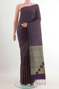 Pure Silk Pure Zari Purple Soft Saree with Stripes on the body and Zari Border.  displayed on a mannequin