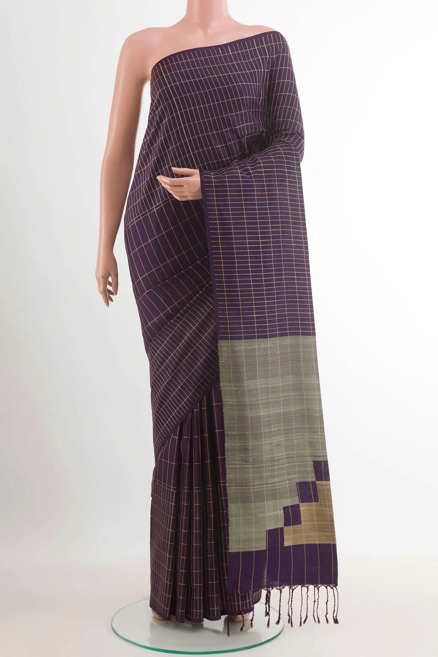 Pure Silk Pure Zari Purple Soft Saree with Stripes on the body and Zari Border.  displayed on a mannequin