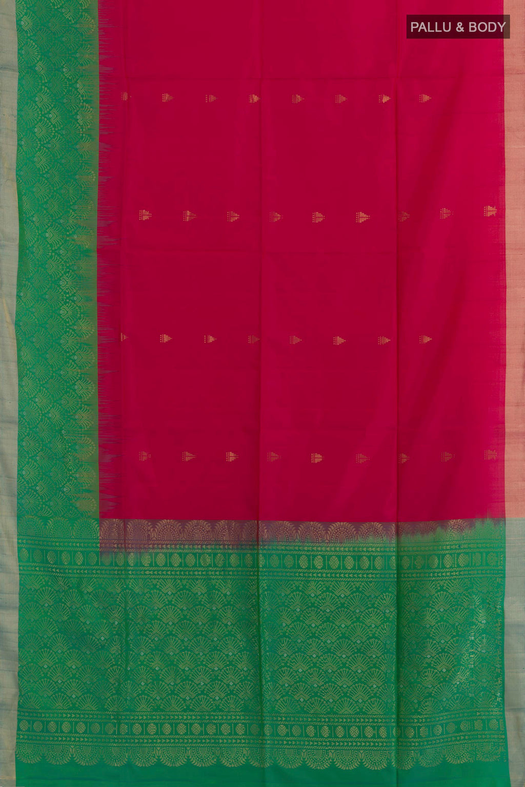 Flat view of Rani Pink Soft Silk Saree with Zari Butta on the body and Zari Border. 