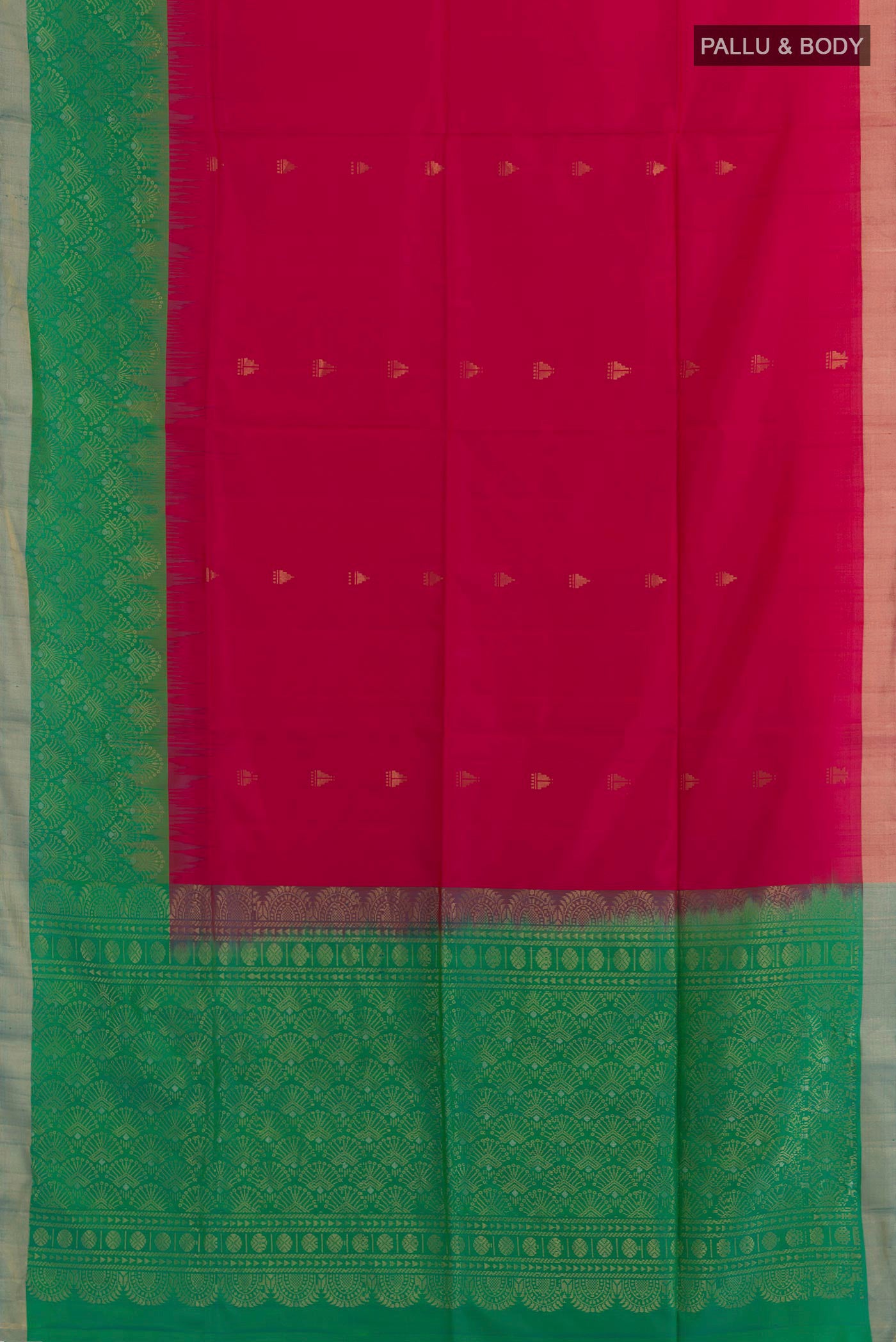 Flat view of Rani Pink Soft Silk Saree with Zari Butta on the body and Zari Border. 