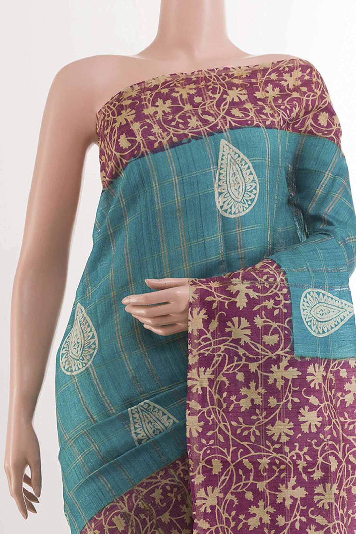 Border image of Blue Tussar Saree with Checked design on the body and Zari Border