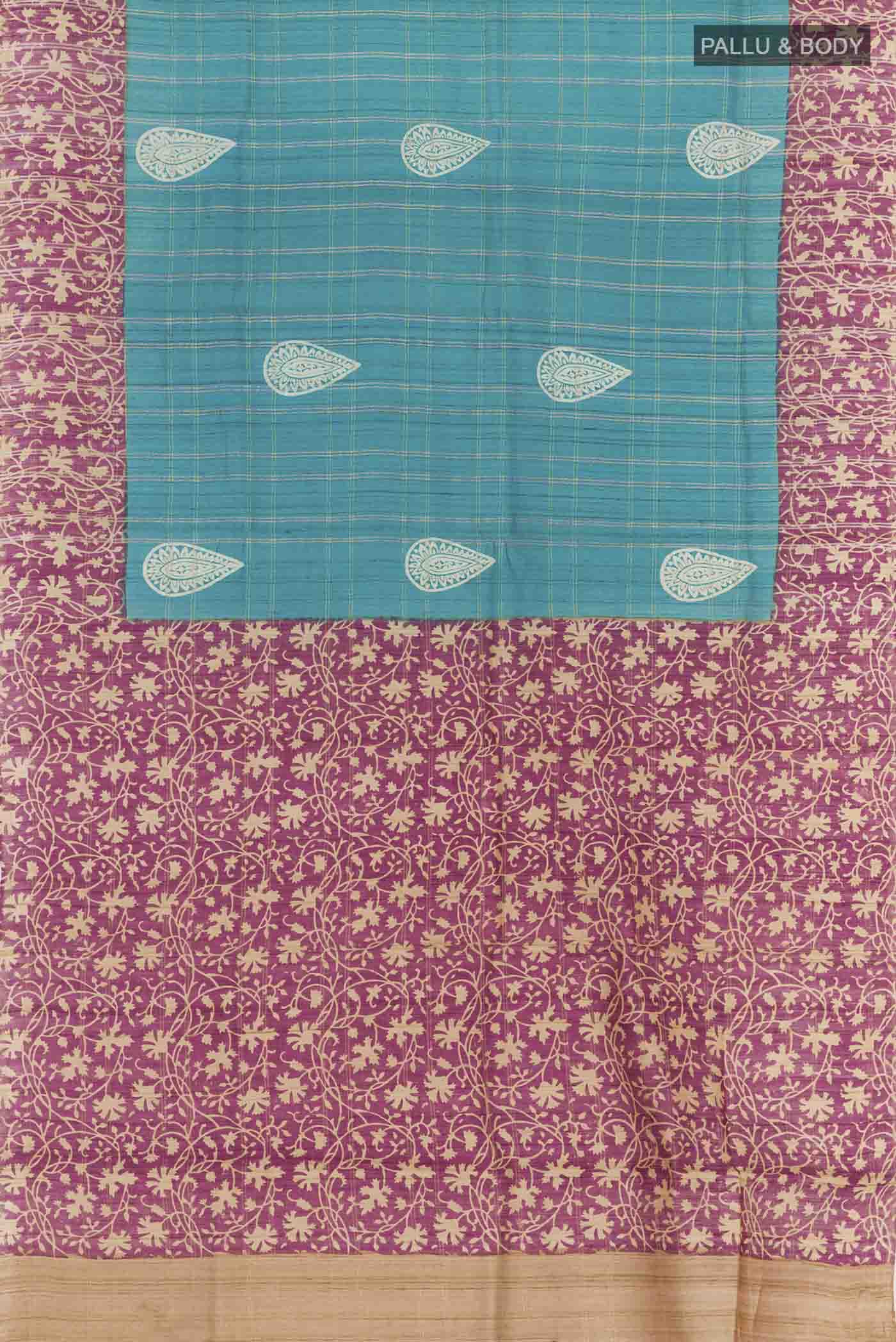 Flat view of Blue Tussar Saree with Checked design on the body and Zari Border