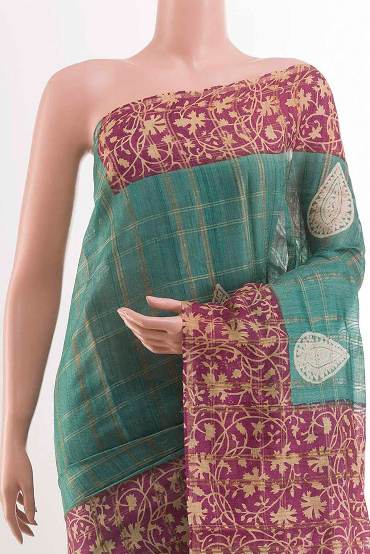 Border image of Turquoise Tussar Saree with Checked design on the body and Zari Border