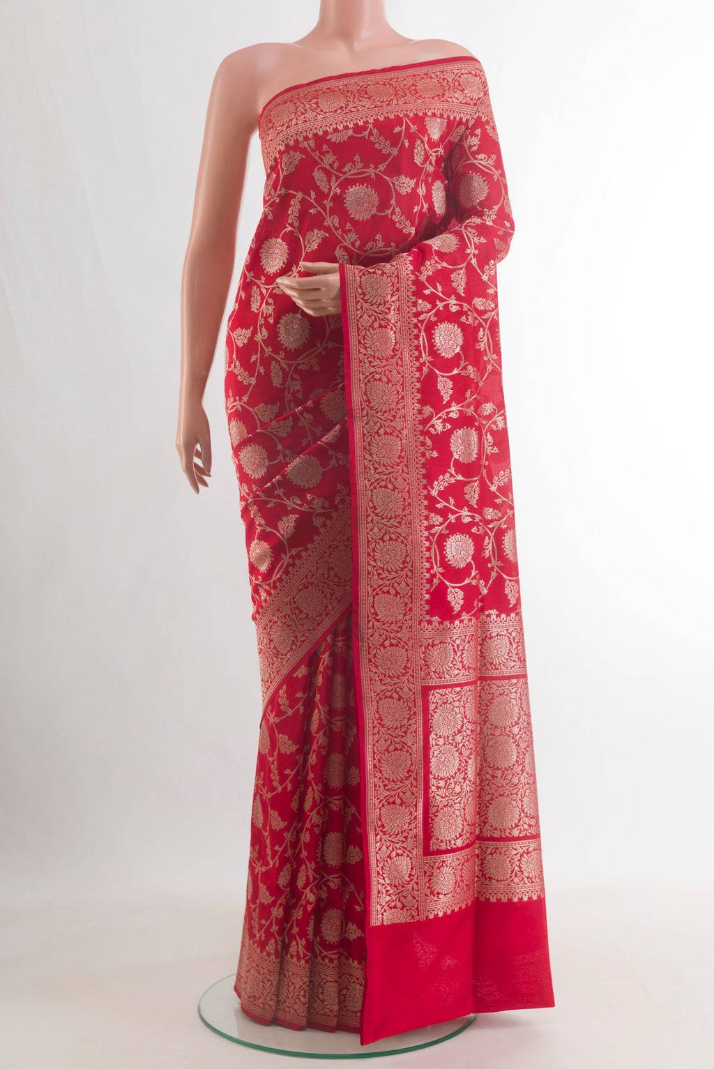 Pure Silk Red Banarasi Saree with Zari Brocade on the body and Zari Border.  displayed on a mannequin
