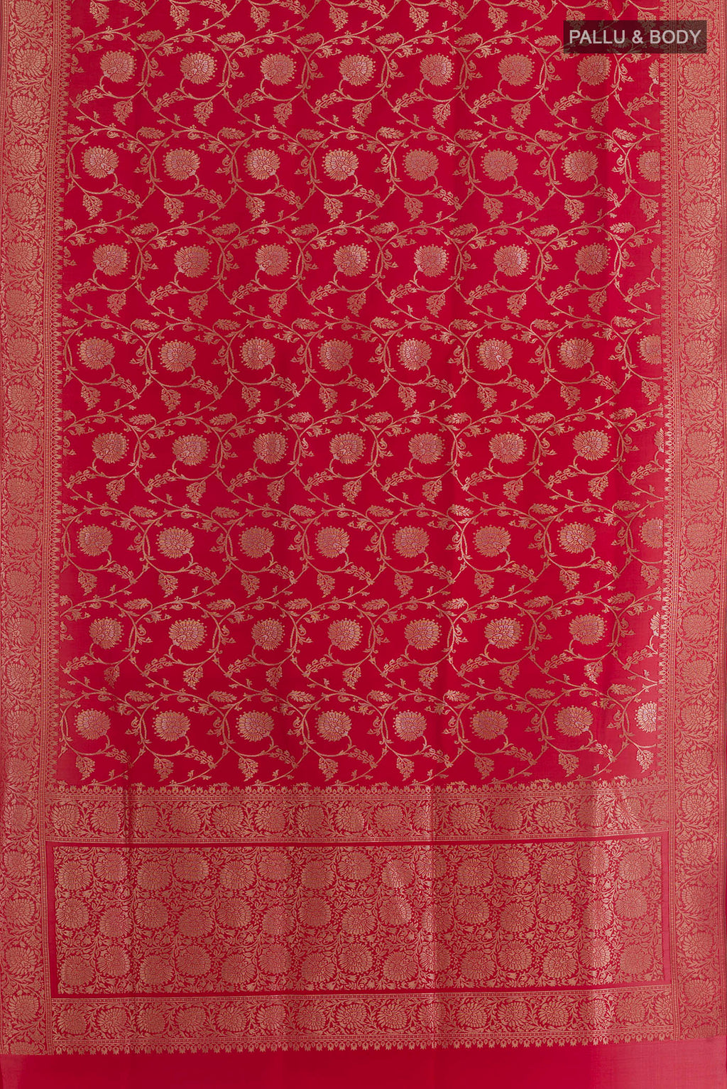 Flat view of Pure Silk Red Banarasi Saree with Zari Brocade on the body and Zari Border. 