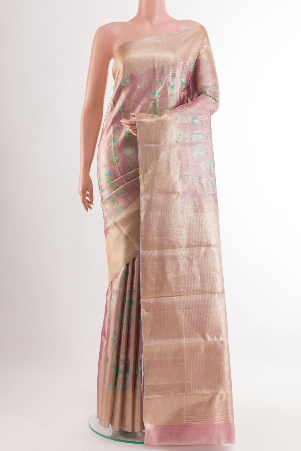 Lavender Kanchipuram Tissue Silk Saree with Zari Brocade on the body and Zari Border.  displayed on a mannequin