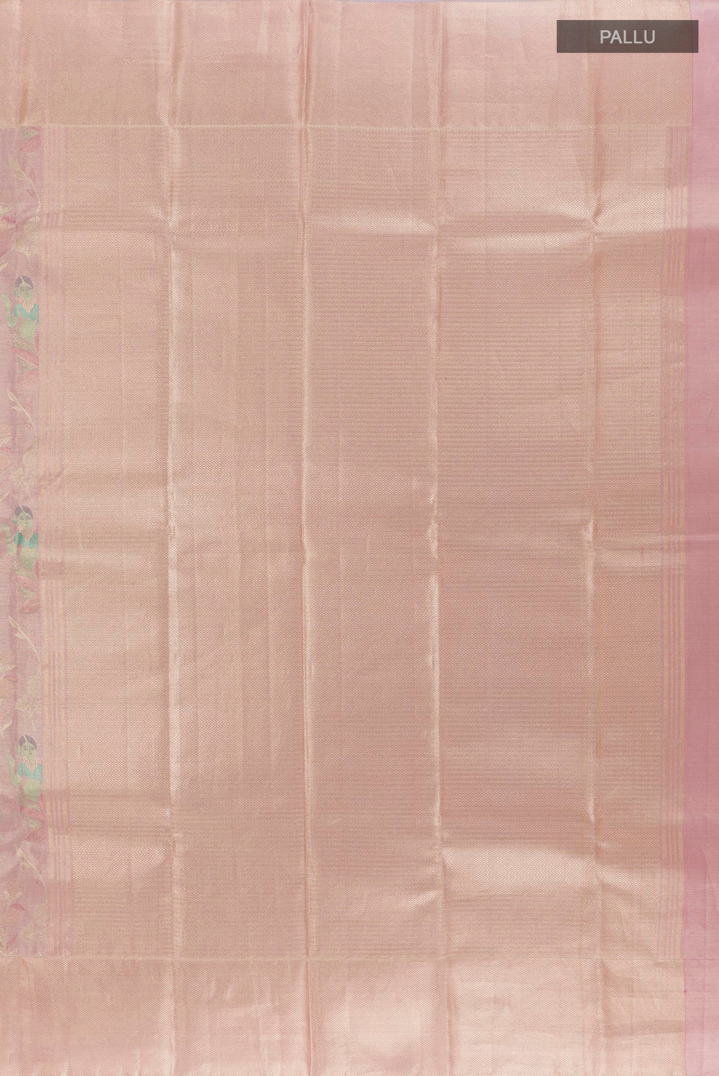 Close up image of the pallu of Lavender Kanchipuram Tissue Silk Saree with Zari Brocade on the body and Zari Border. 