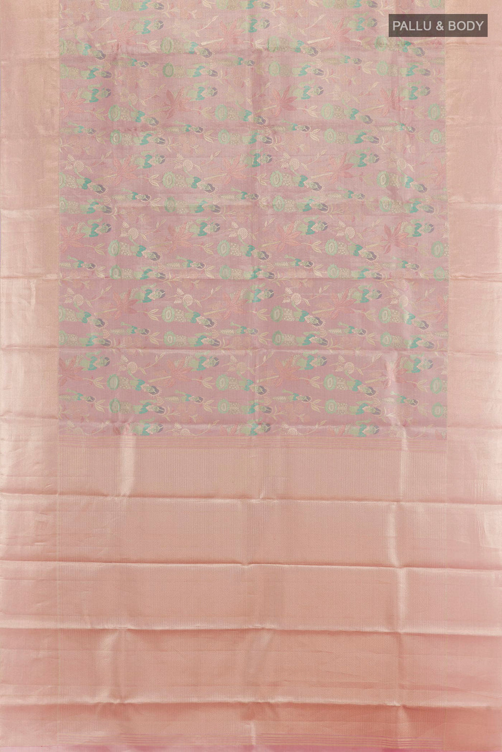 Flat view of Lavender Kanchipuram Tissue Silk Saree with Zari Brocade on the body and Zari Border. 