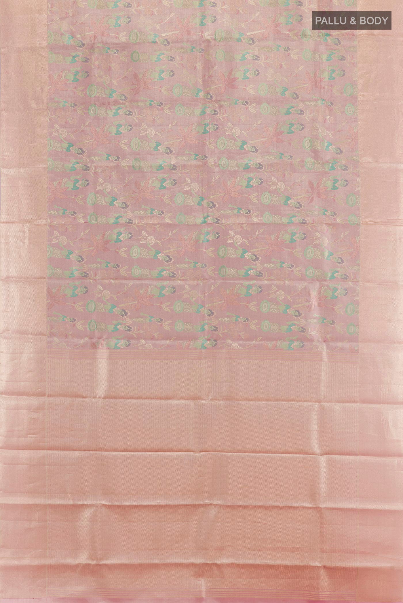 Flat view of Lavender Kanchipuram Tissue Silk Saree with Zari Brocade on the body and Zari Border. 