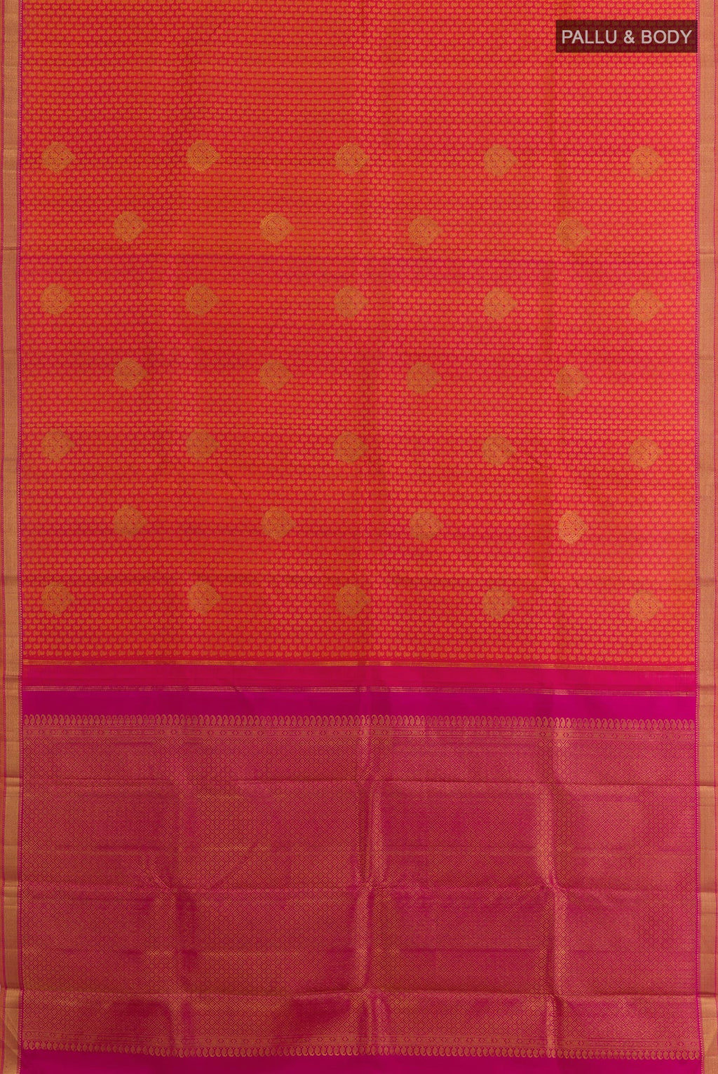 Flat view of Brick Orange Kanjivaram Silk Saree with Jacquard With Zari Butta on the body and Zari Border. 