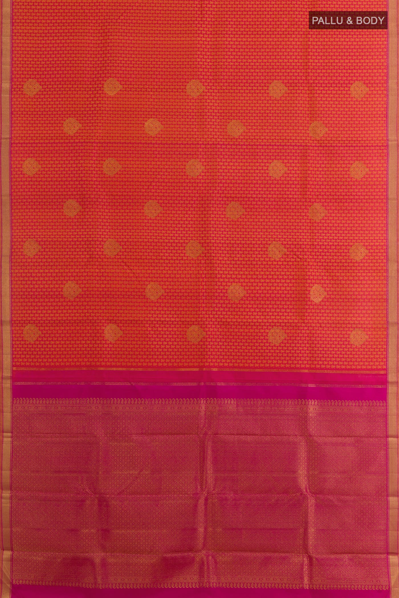 Flat view of Brick Orange Kanjivaram Silk Saree with Jacquard With Zari Butta on the body and Zari Border. 