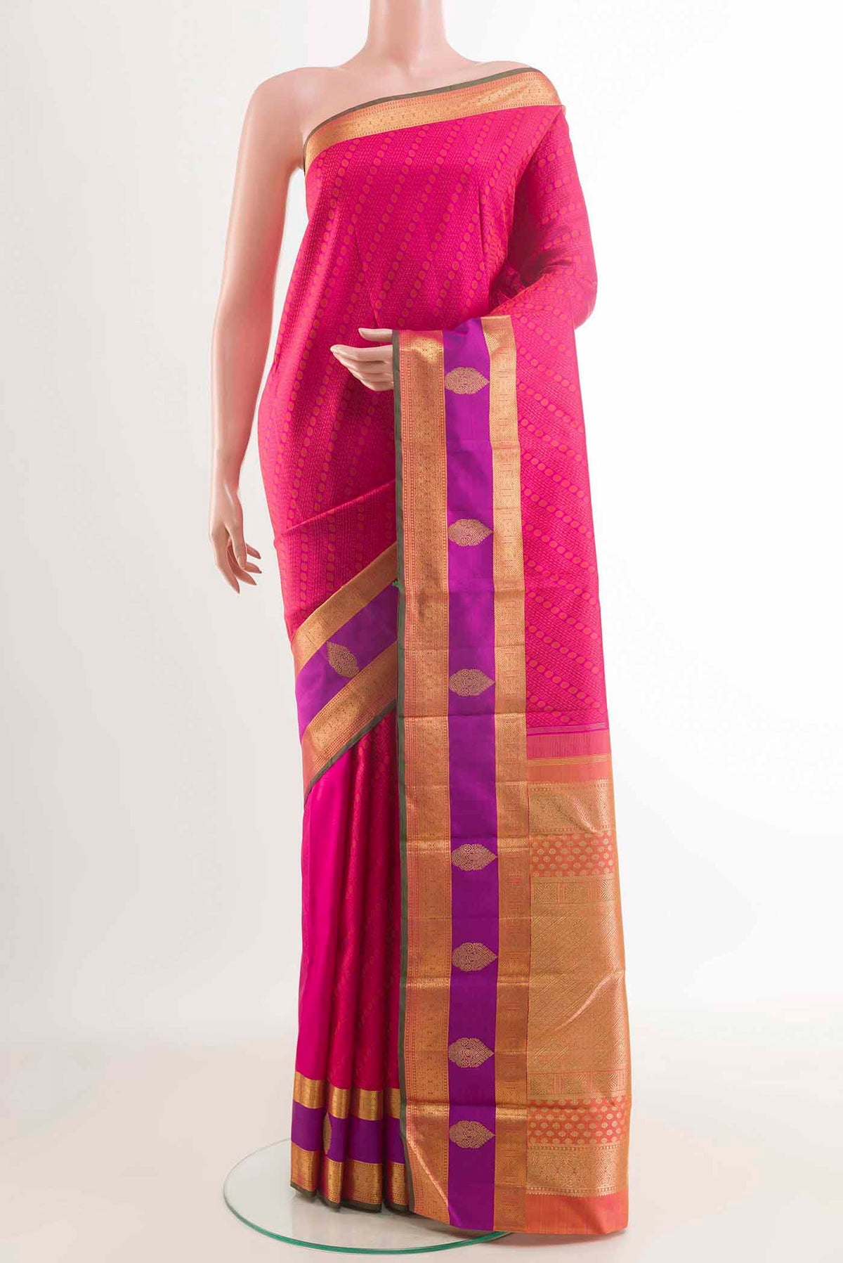 Pink Dual Tone Kanchipuram Silk Saree with Jacquard design on the body and Zari Border displayed on a mannequin