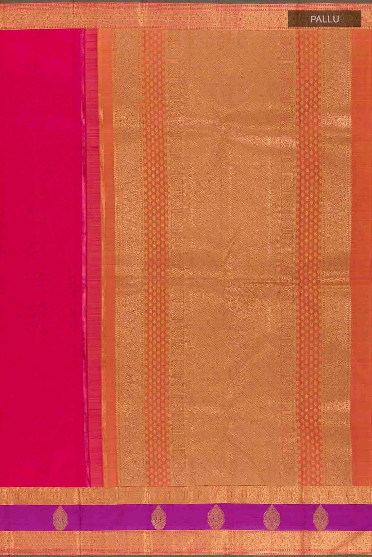 Close up image of the pallu of Pink Dual Tone Kanchipuram Silk Saree with Jacquard design on the body and Zari Border