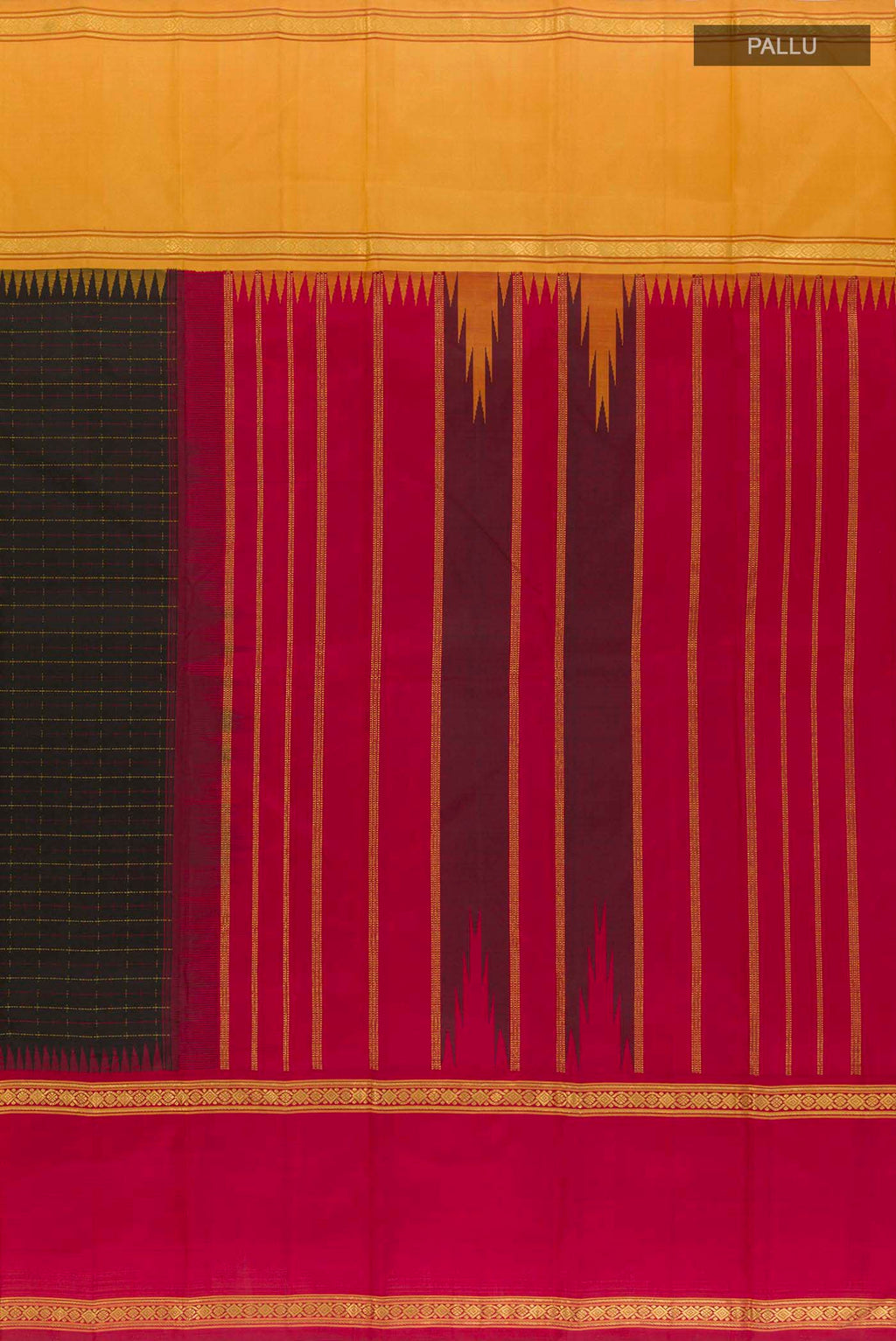 Close up image of the pallu of Black Kanjivaram Silk Saree with Checked design on the body and Ganga Jamuna Border. 