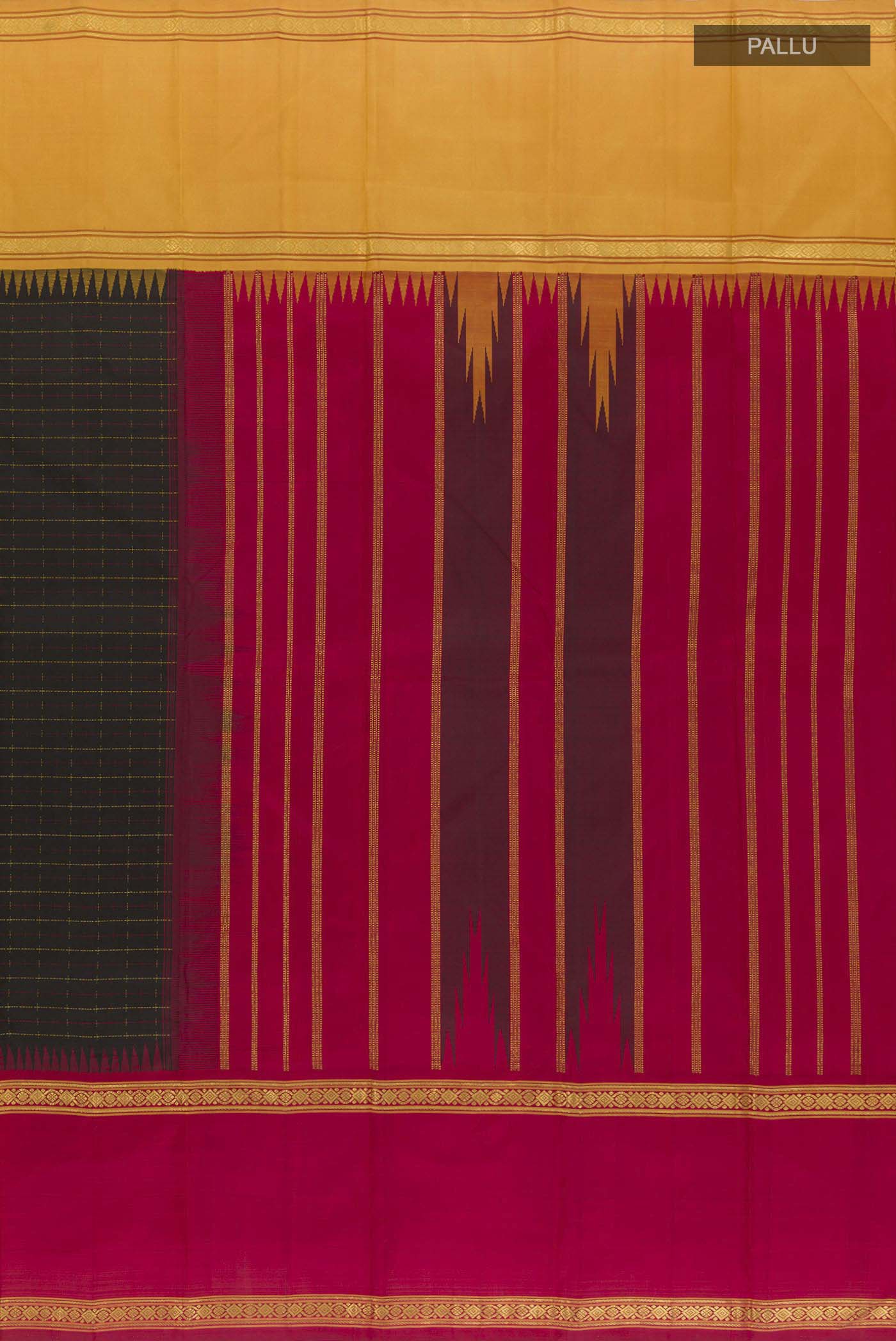 Close up image of the pallu of Black Kanjivaram Silk Saree with Checked design on the body and Ganga Jamuna Border. 