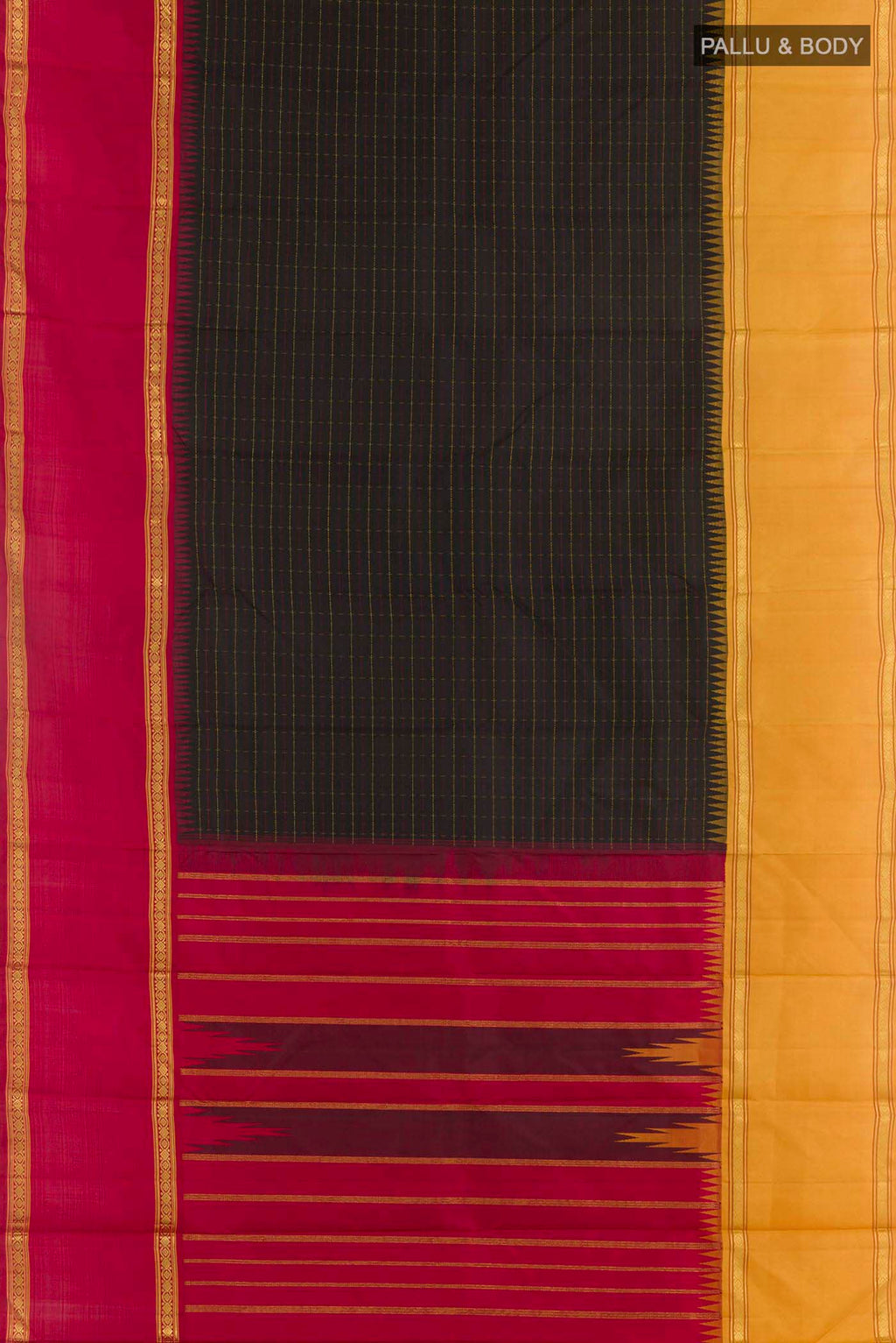 Flat view of Black Kanjivaram Silk Saree with Checked design on the body and Ganga Jamuna Border. 