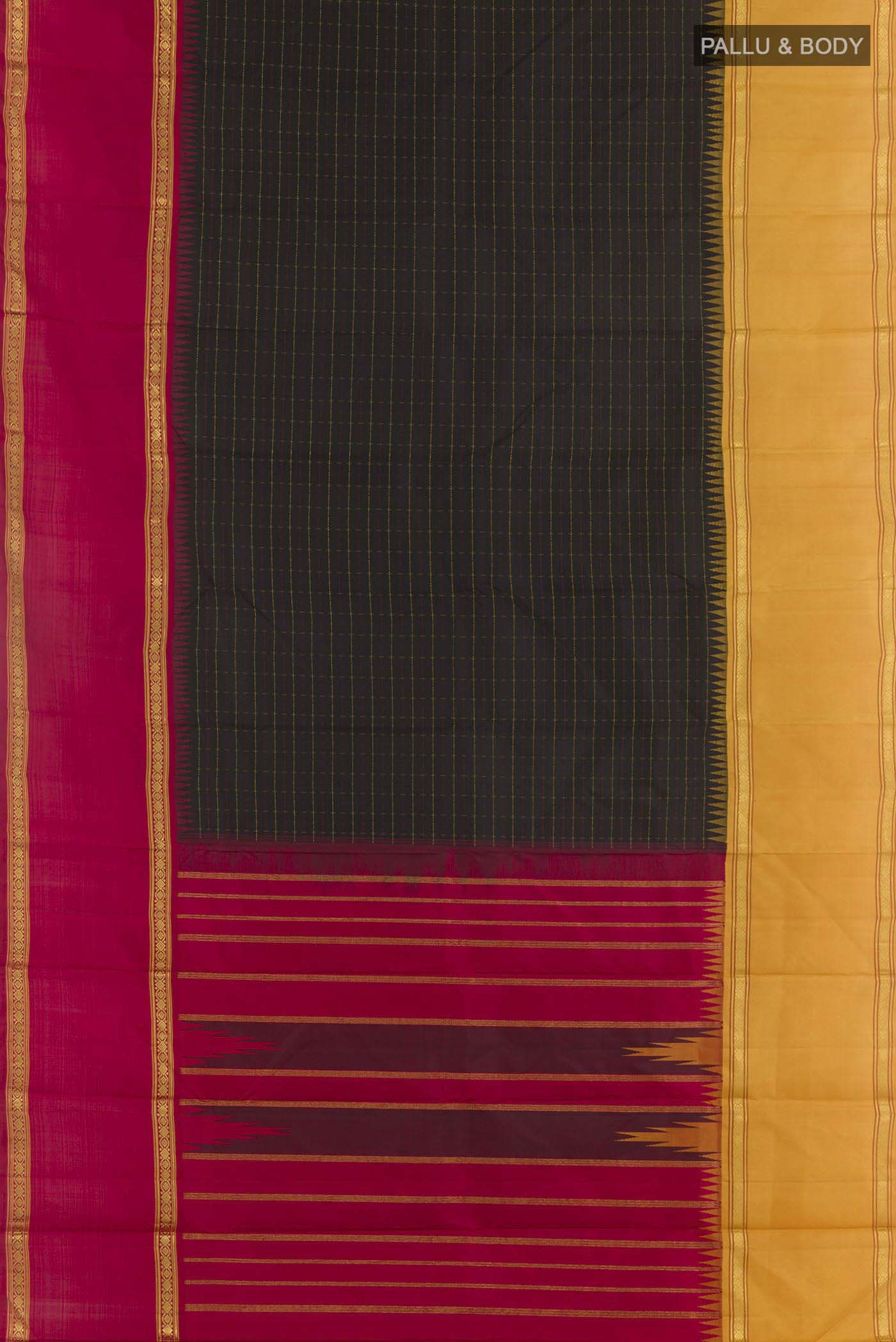 Flat view of Black Kanjivaram Silk Saree with Checked design on the body and Ganga Jamuna Border. 