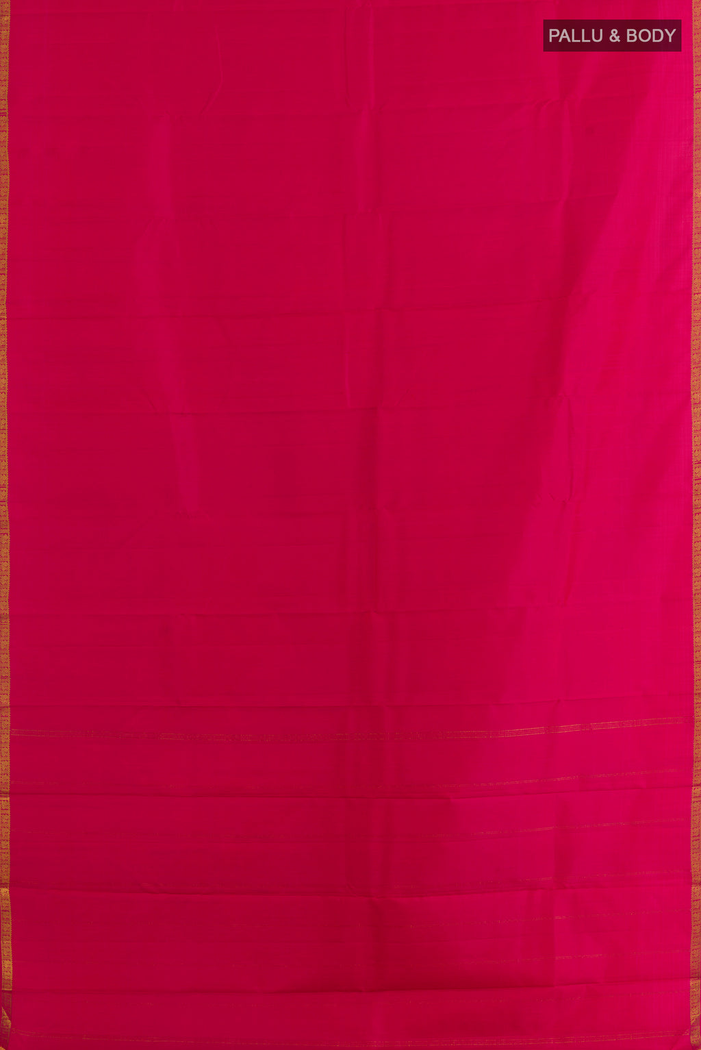 Flat view of Pure Silk Pink Kanjivaram Saree with Plain Body and Zari Border. 