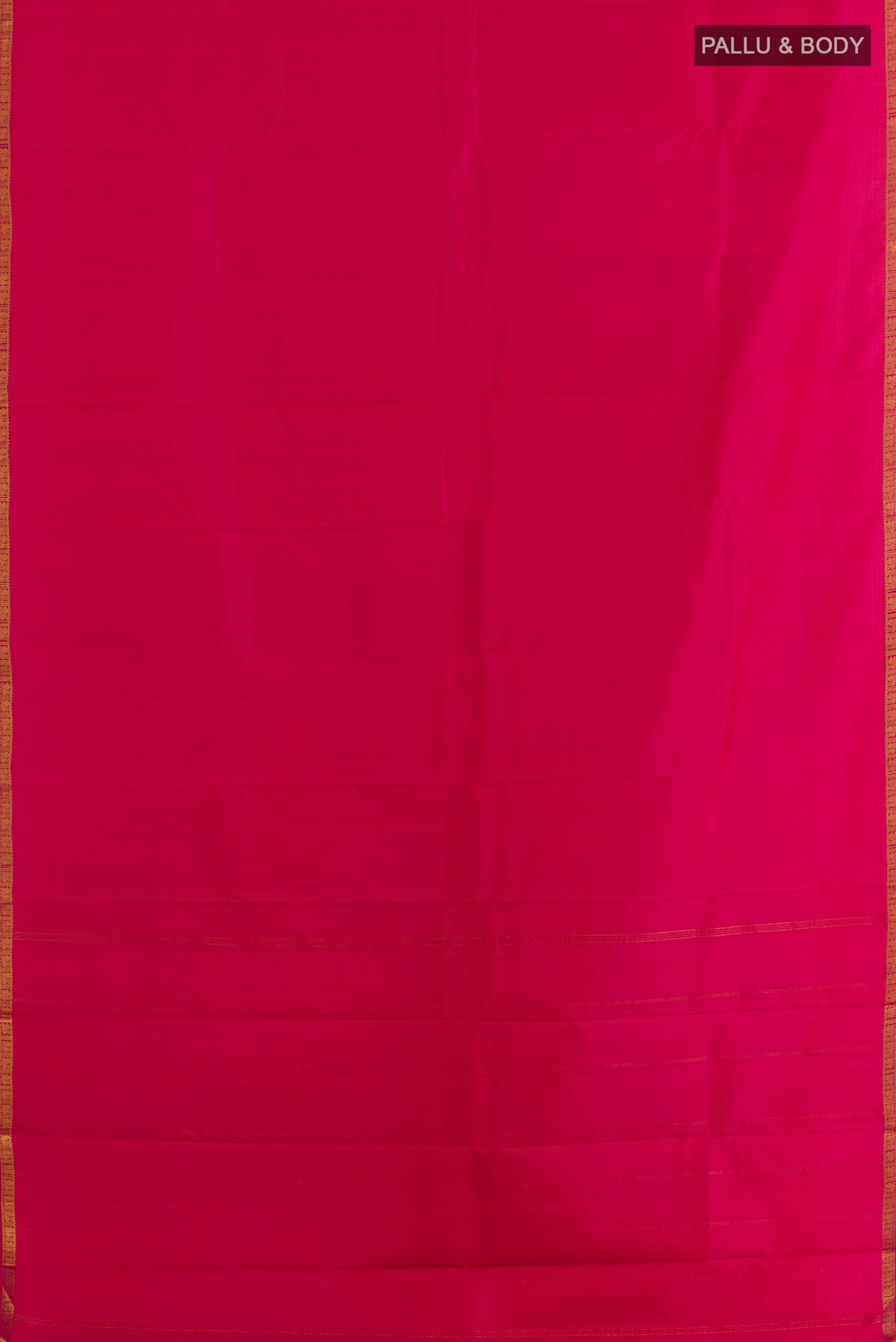 Flat view of Pure Silk Pink Kanjivaram Saree with Plain Body and Zari Border. 