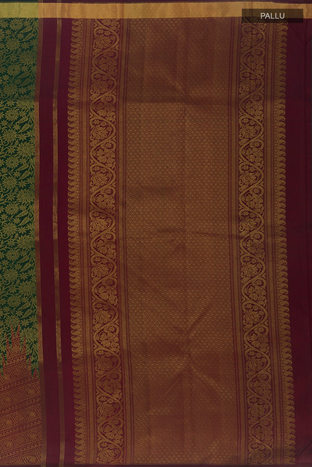 Close up image of the pallu of Pure Silk Bottle Green Kanchipuram Saree with Zari Brocade on the body and Rising Temple Border. 