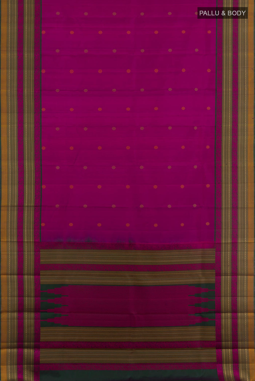 Flat view of Purple Kanchipuram Silk Saree with Thread Butta on the body and Zari Border. 