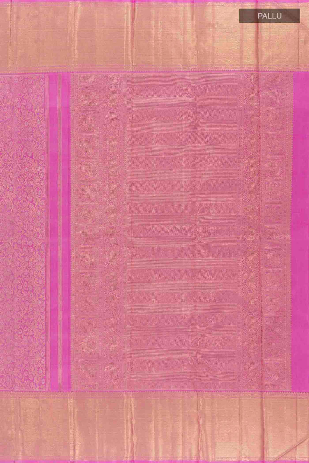 Close up image of the pallu of Pure Silk Pure Zari Pink Kanchipuram Saree with Zari Brocade on the body and Zari Border