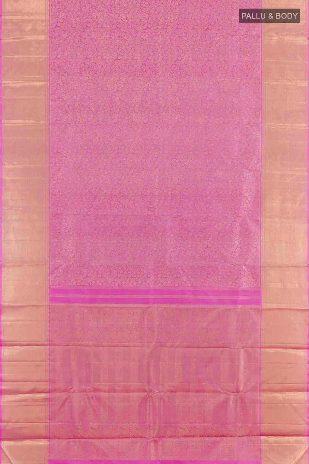 Flat view of Pure Silk Pure Zari Pink Kanchipuram Saree with Zari Brocade on the body and Zari Border