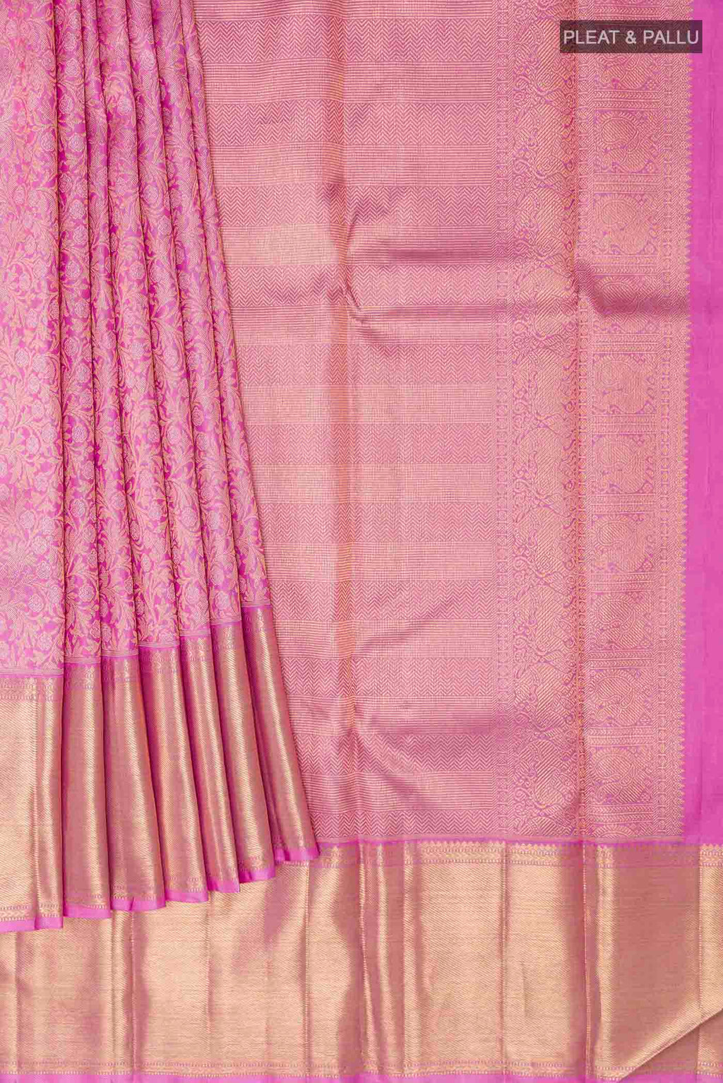 Pleats and pallu of Pure Silk Pure Zari Pink Kanchipuram Saree with Zari Brocade on the body and Zari Border