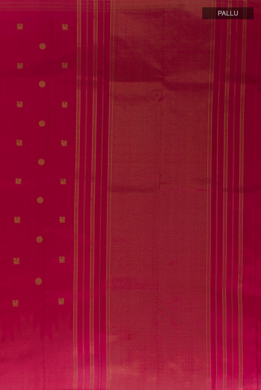 Close up image of the pallu of Pure Silk Maroon Kanjivaram Saree with Zari Butta on the body and Zari Border. 
