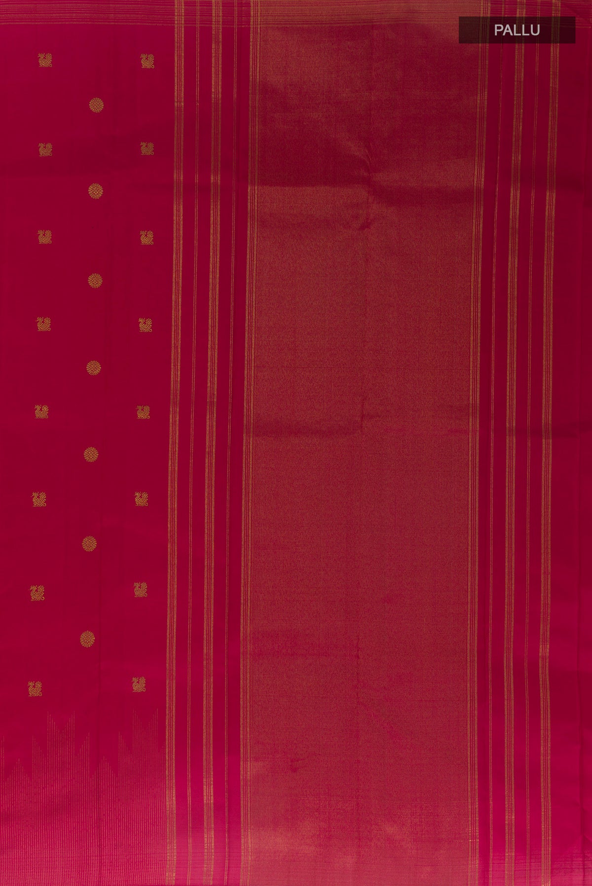 Close up image of the pallu of Pure Silk Maroon Kanjivaram Saree with Zari Butta on the body and Zari Border. 