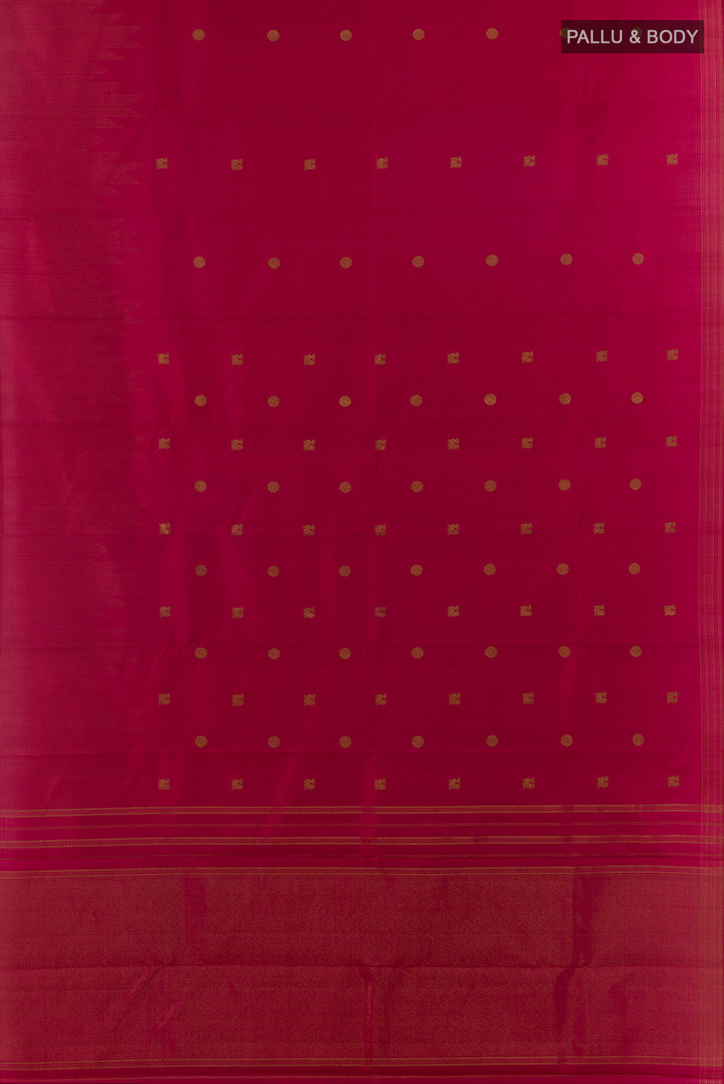 Flat view of Pure Silk Maroon Kanjivaram Saree with Zari Butta on the body and Zari Border. 