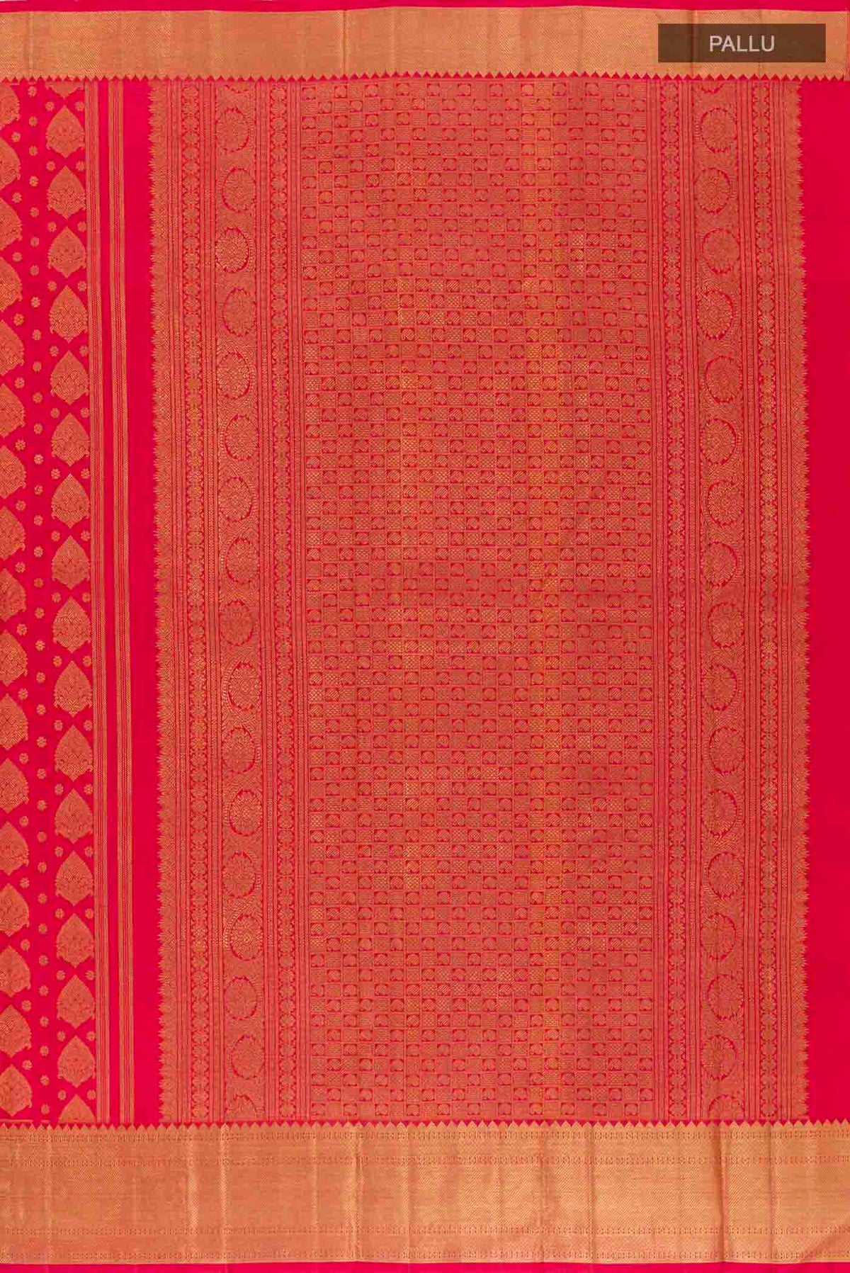 Close up image of the pallu of Pure Silk Pure Zari Red Kanchipuram Saree with Zari Butta on the body and Zari Border