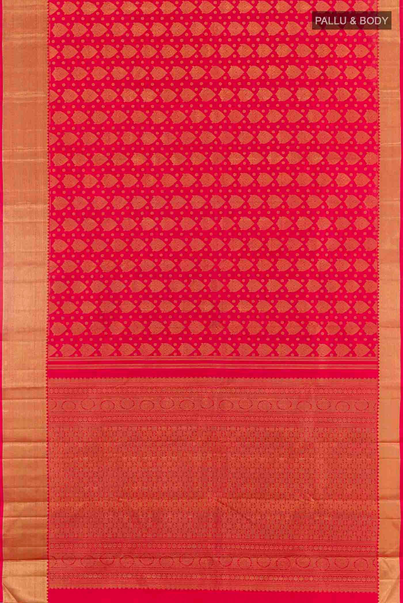 Flat view of Pure Silk Pure Zari Red Kanchipuram Saree with Zari Butta on the body and Zari Border