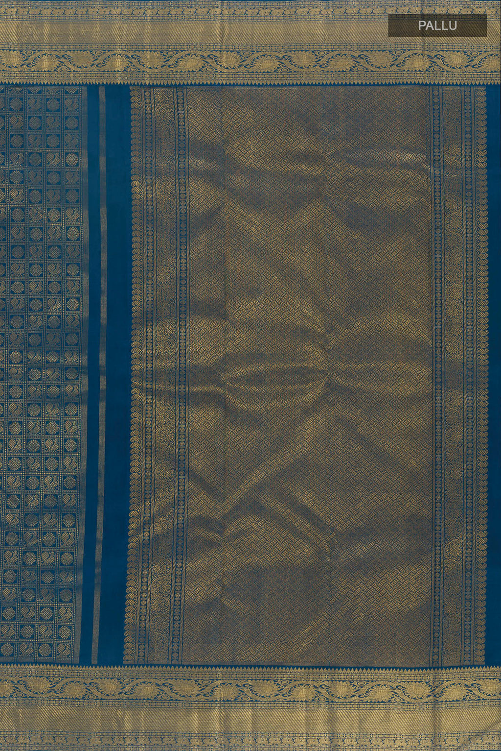 Close up image of the pallu of Pure Silk Pure Zari Blue Kanjivaram Saree with Zari Brocade on the body and Zari Border. 