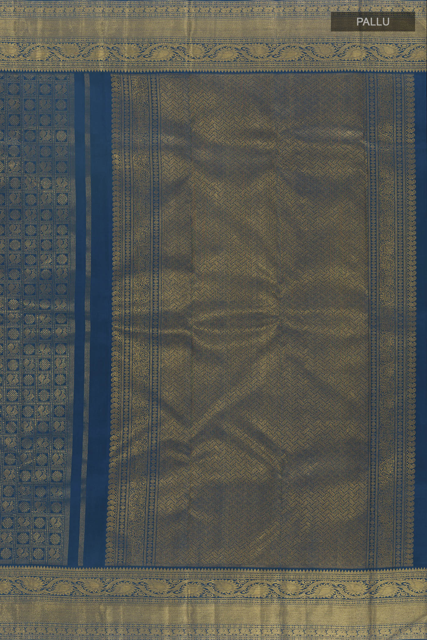 Close up image of the pallu of Pure Silk Pure Zari Blue Kanjivaram Saree with Zari Brocade on the body and Zari Border. 