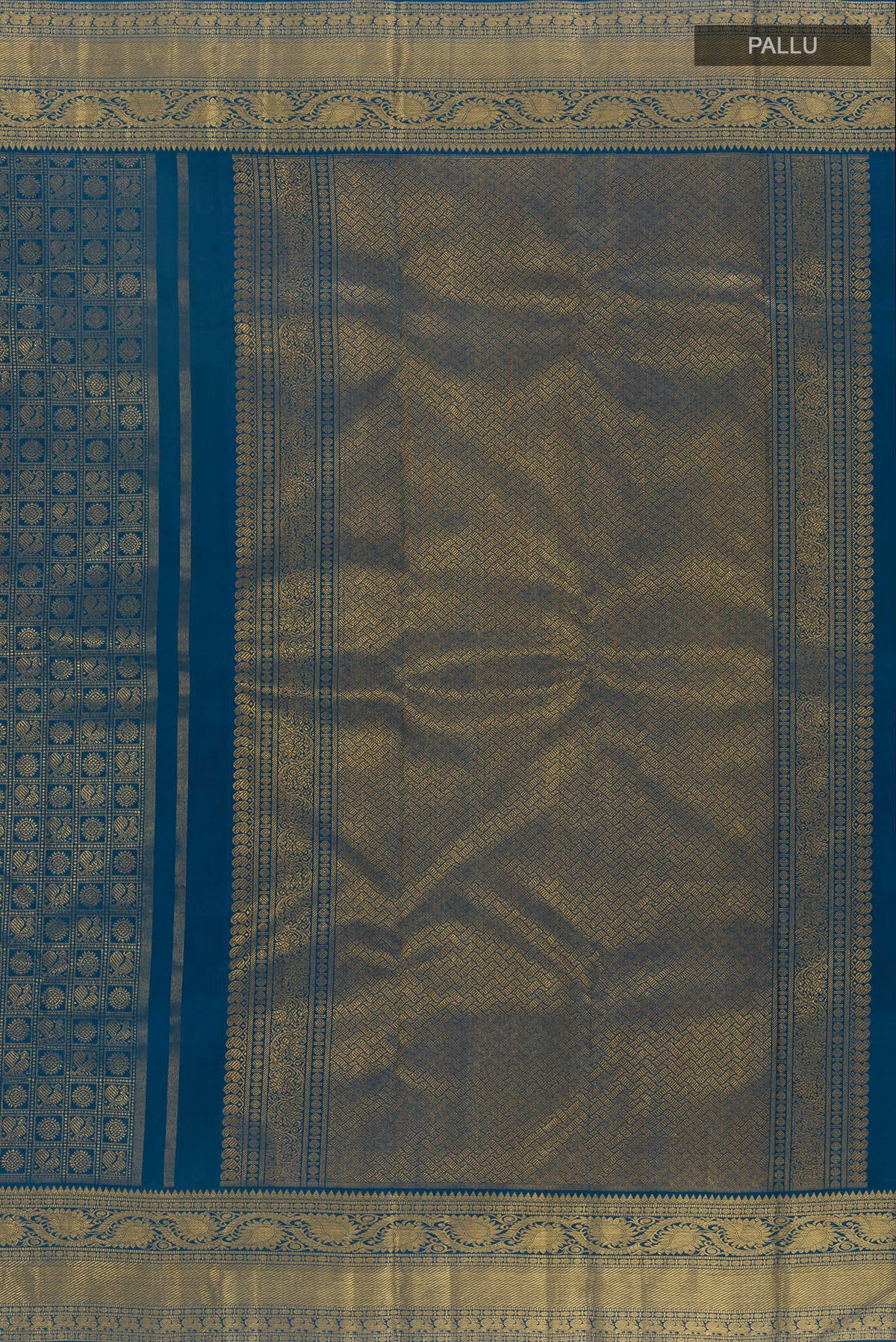 Close up image of the pallu of Pure Silk Pure Zari Blue Kanjivaram Saree with Zari Brocade on the body and Zari Border. 