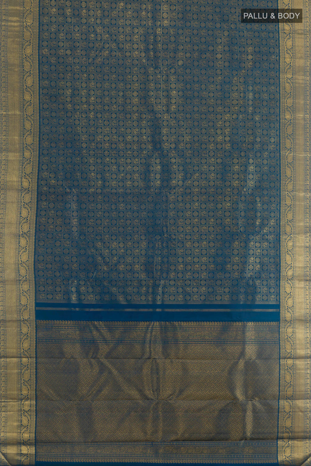 Flat view of Pure Silk Pure Zari Blue Kanjivaram Saree with Zari Brocade on the body and Zari Border. 