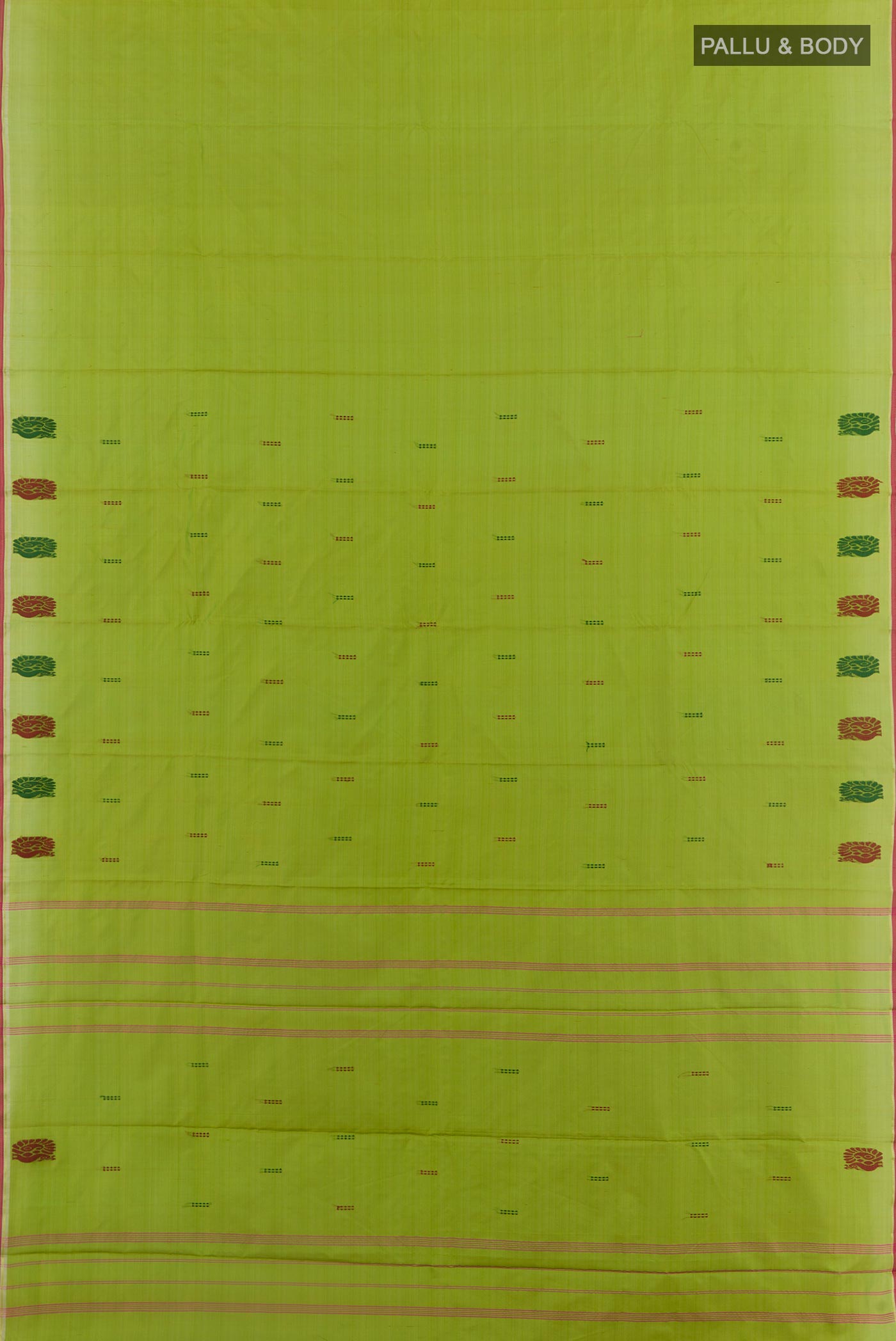 Flat view of Green Kanchipuram Silk Saree with Thread Butta on the body and Thread Border. 