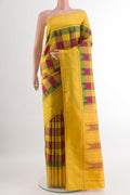 Multi Color Kanjivaram Silk Saree with Checked design on the body and Plain Border.  displayed on a mannequin