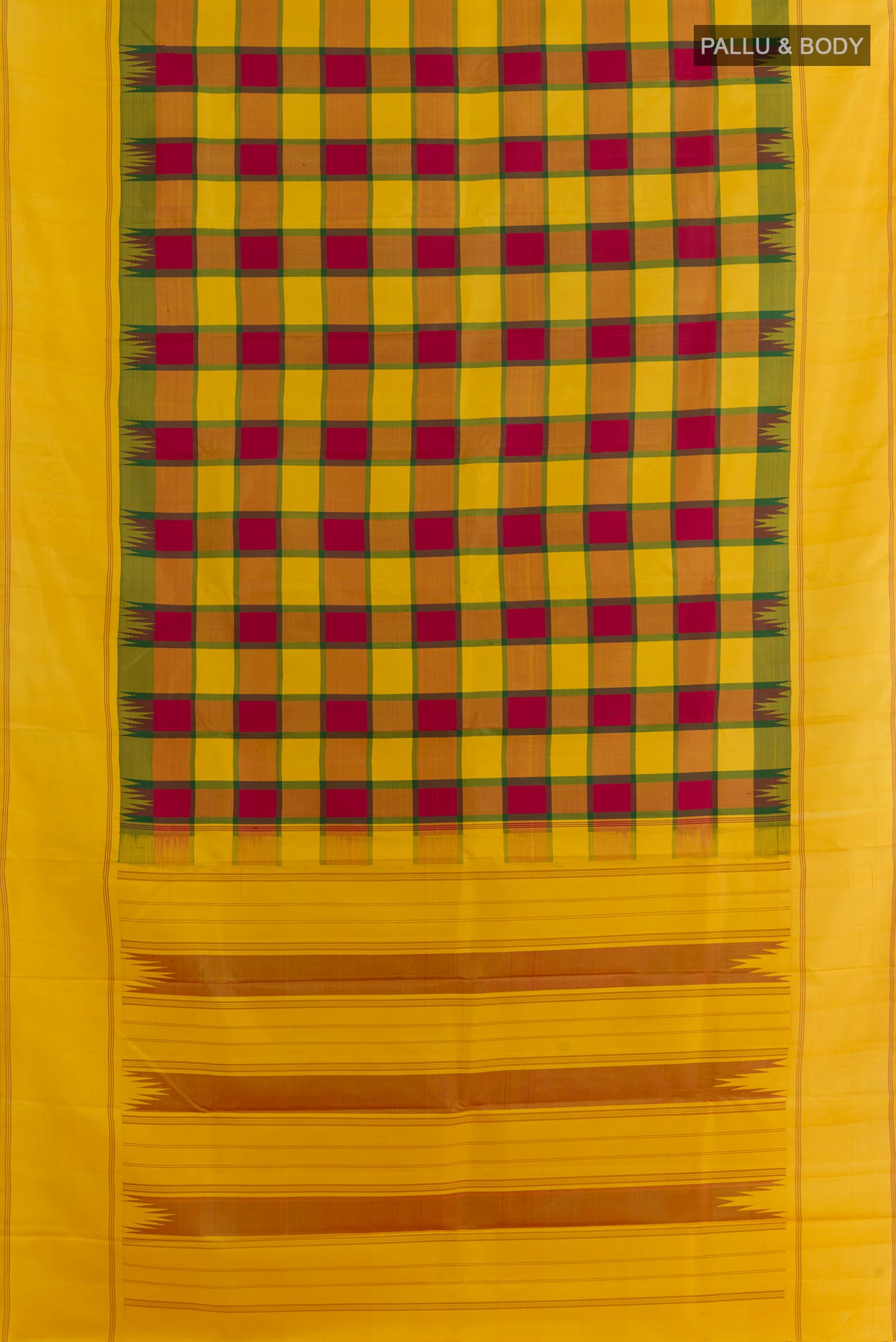 Flat view of Multi Color Kanjivaram Silk Saree with Checked design on the body and Plain Border. 