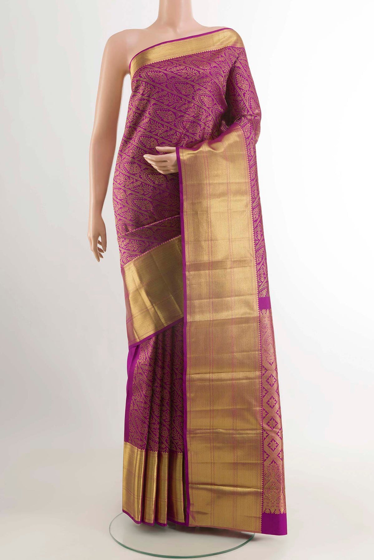 Pure Silk Pure Zari Purple Kanchipuram Saree with Zari Brocade on the body and Zari Border displayed on a mannequin