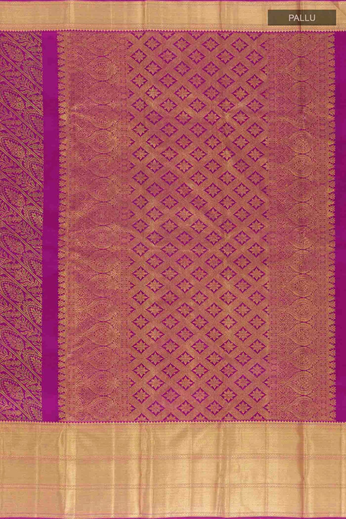 Close up image of the pallu of Pure Silk Pure Zari Purple Kanchipuram Saree with Zari Brocade on the body and Zari Border
