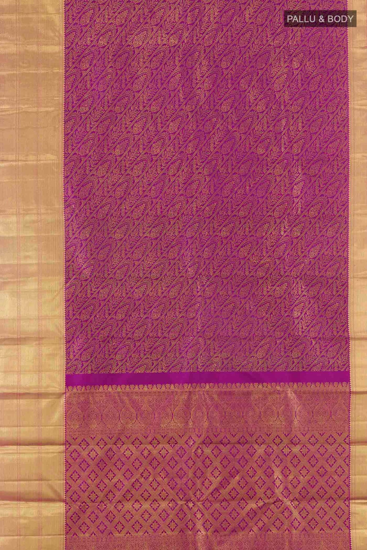 Flat view of Pure Silk Pure Zari Purple Kanchipuram Saree with Zari Brocade on the body and Zari Border