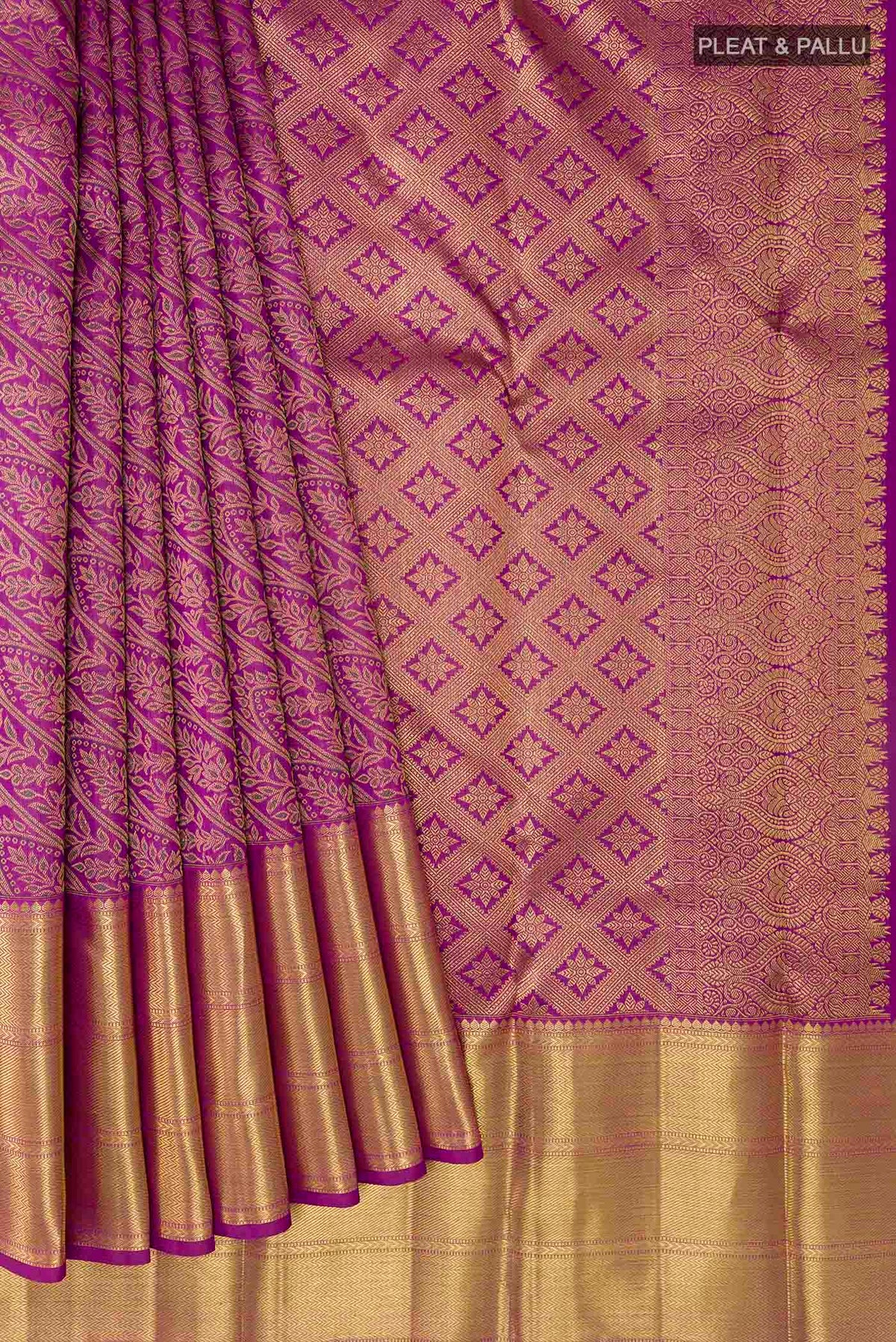 Pleats and pallu of Pure Silk Pure Zari Purple Kanchipuram Saree with Zari Brocade on the body and Zari Border