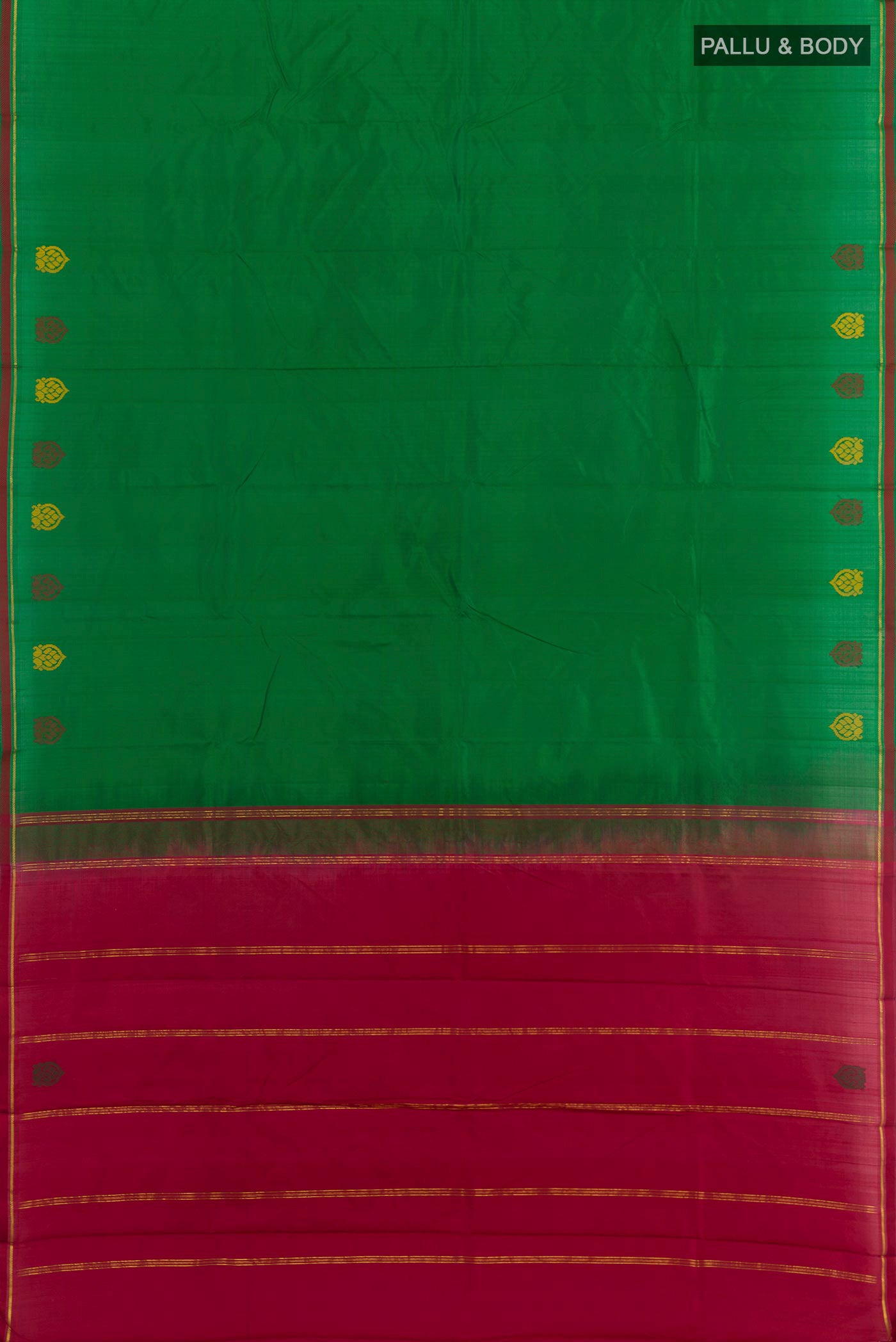 Flat view of Green Kanchipuram Silk Saree with Plain Body and Zari Border. 