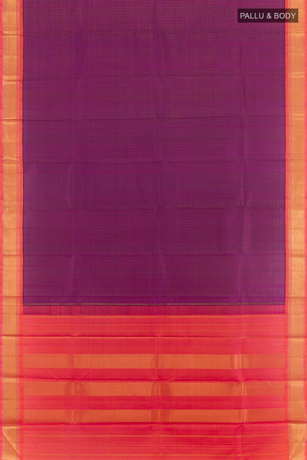 Flat view of Purple Kanchipuram Silk Saree with Checked design on the body and Zari Border. 